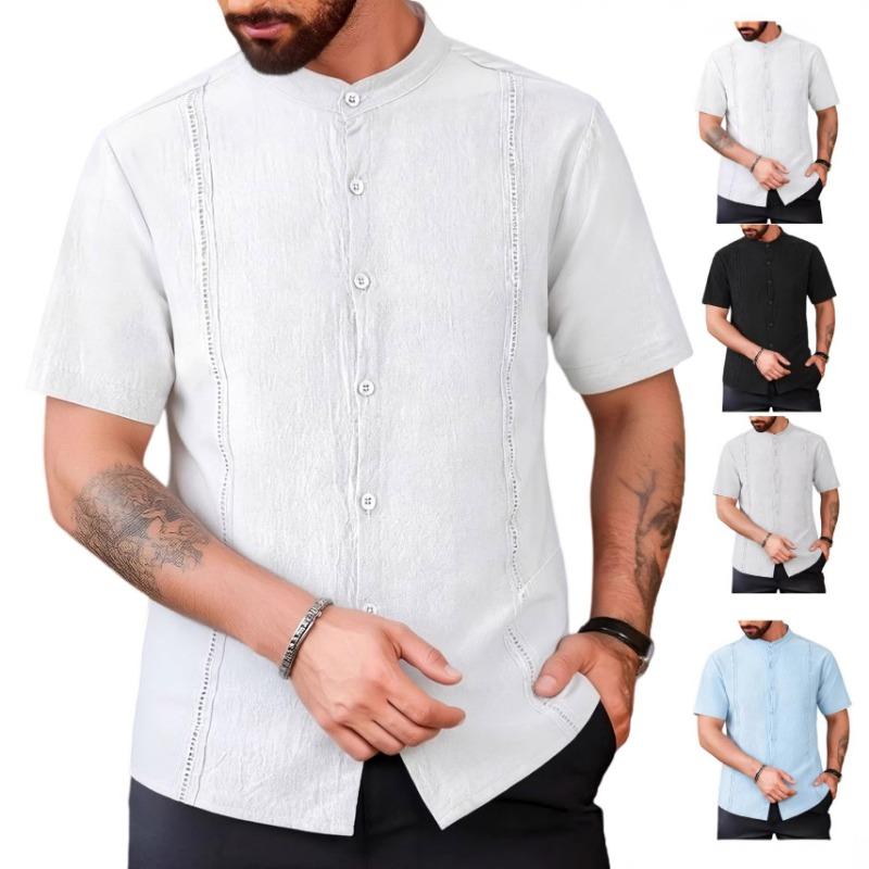 Mens Casual Solid Stand Collar Short Sleeve Button Shirt For Beach Vacation