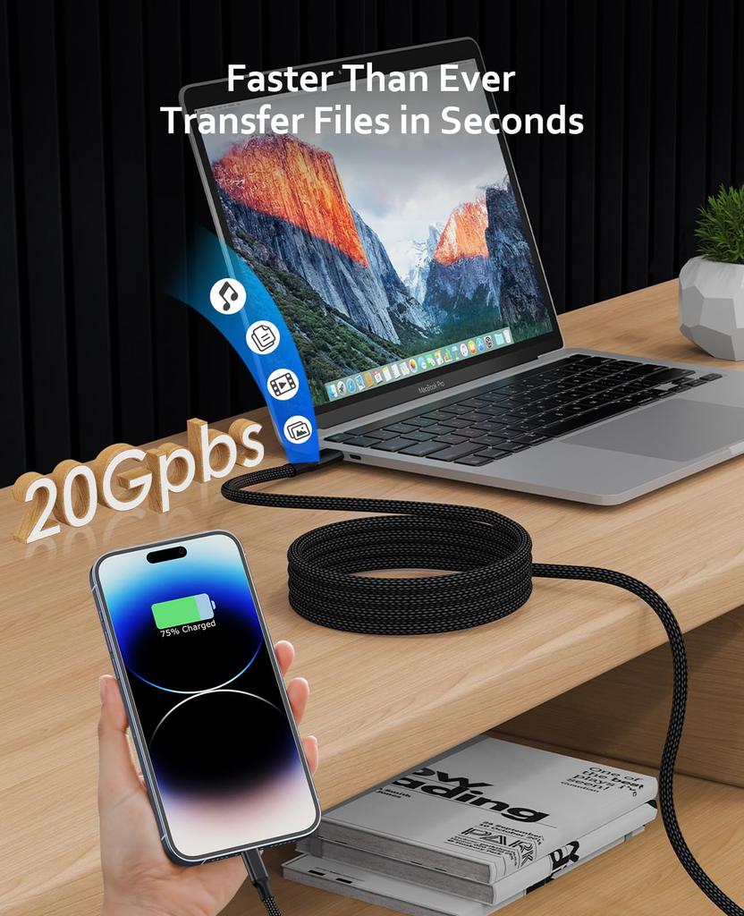 Magtame Magnetic Fast Video USB Cable for iPhone 15 Mac Docking Type-C Cable, Auto-Retract, 100W/5A Charging, USB-to-USB Cable, 8K/60Hz Output, 4.0
