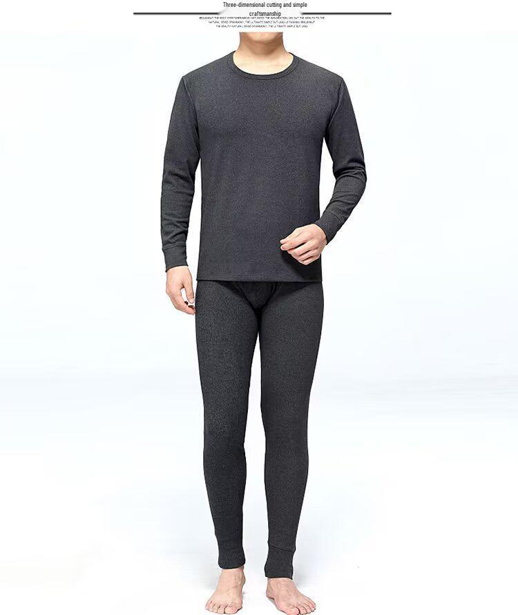 Męski Jesienno-Zimowy Ciepły Zestaw Bielizny z Okrągłym Dekoltem - Jednolity Kolor, Duży Rozmiar Warstwa Bazowa