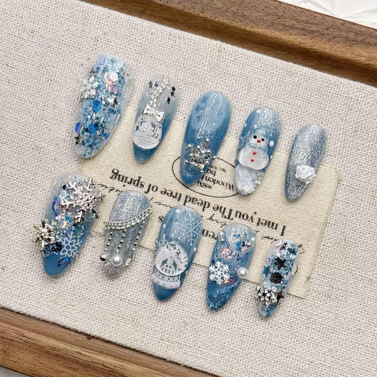 Blue Snowflake Christmas Style Handmade Almond Nails 2026
