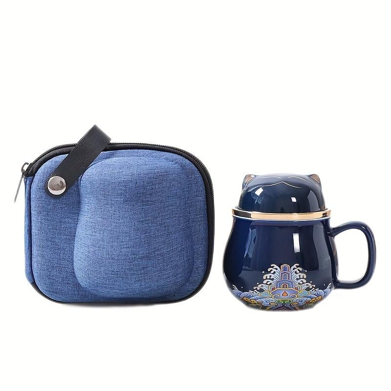 Set, Chinese Fortune Cat Tea Mug with Travel Bag, Ceramic Tea Cup with Infuser and Lid, Portable Drinkware