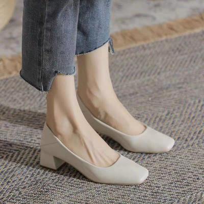 Huge Soft! Soft Leather French Medium Heel Light Mouth Square Head Thick Heel Nude Shoes Cheongsam Single Shoes Work Leather Shoes Commute