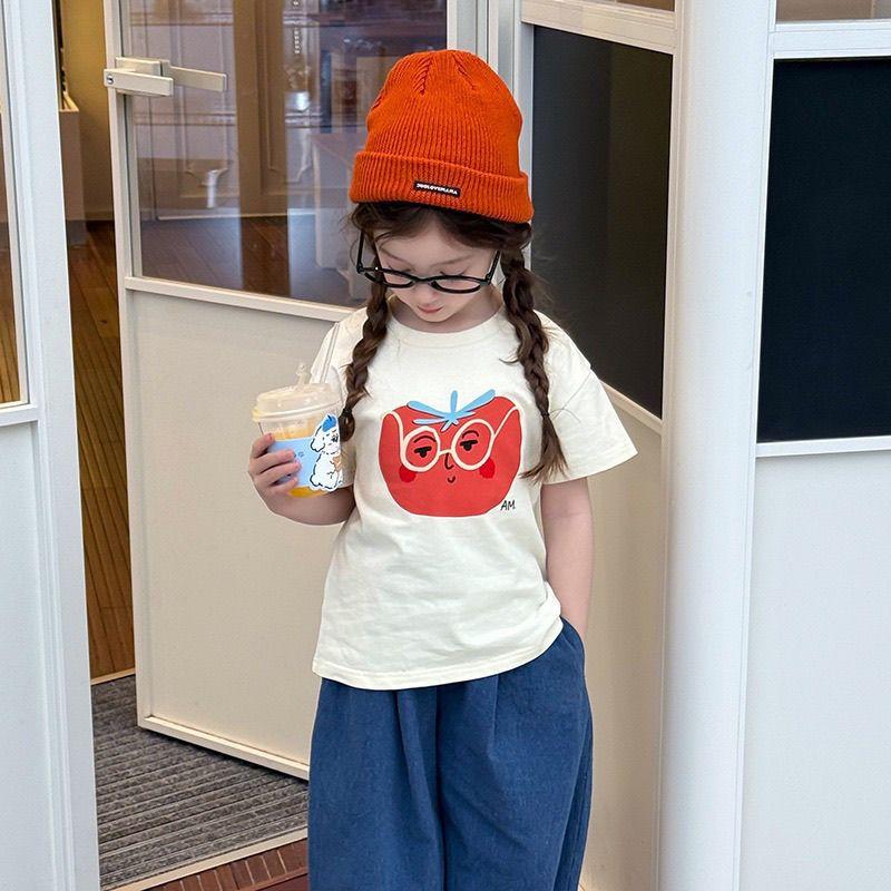 Girls Summer Cotton Cartoon Print T Shirt Loose Fit Short Sleeve Top