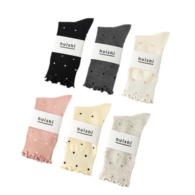5/10 Pairs Ear Shaped Hem Socks for Women Spring Autumn Polka Dot Girl Instagram Style Cute Polka Dot Sweat Absorbing Mid Calf Socks and Pile Socks