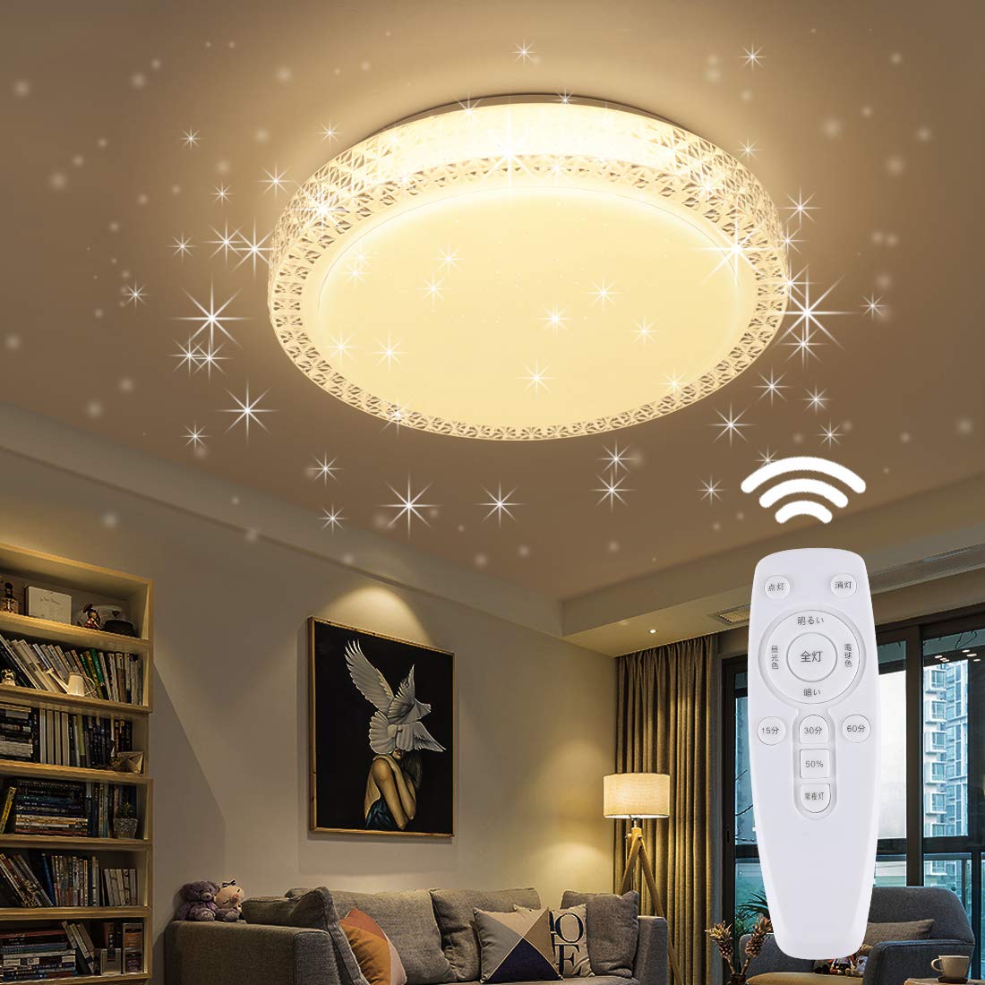 

25W LED Ceiling Light with Starry Sky Effect, Stepless Dimming and Color Adjustment, Suitable for Rooms 4-6 Tatami Mats (12-16 sq ft), Night Light