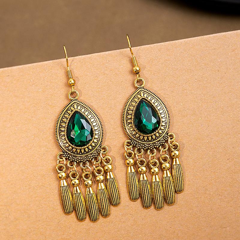 Bohemian Turquoise Earrings, Vintage Ethnic Fringed Earrings, Geometric Gemstone Earrings.