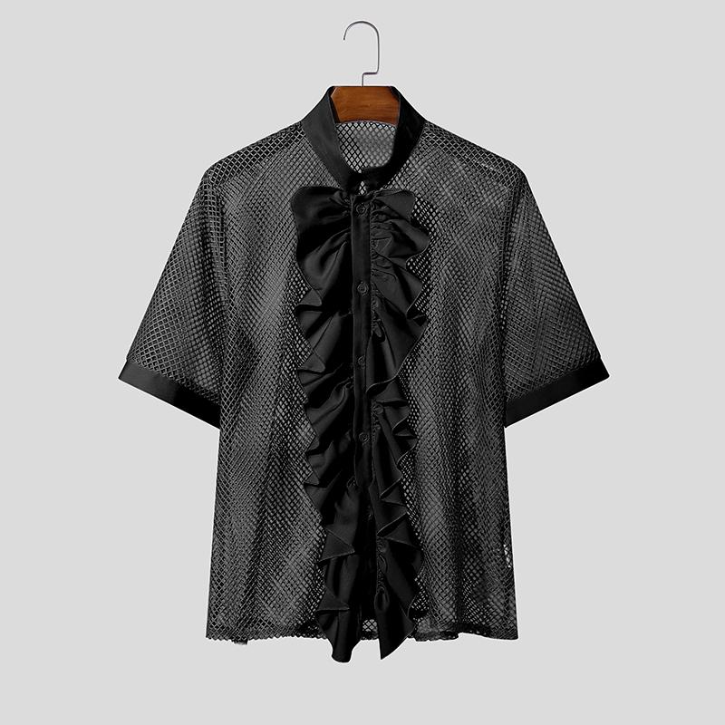 INCERUN Sommer Herren Kurzarm Rüschen Netz Durchsichtig Ausgeschnitten Hemden Oberteile 2XL schwarz