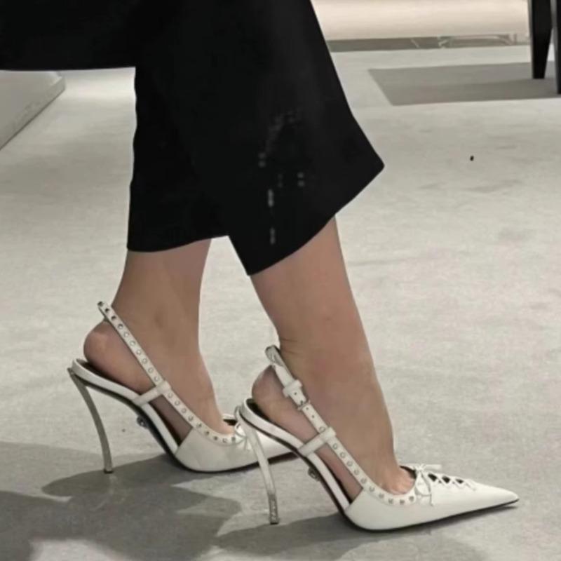 Shoes for Women Trend Pointed High Heel Shoes Strappy Bowknot Rivet Patent Leather Sandals Designer Womens Pumps Sandalias Mujer