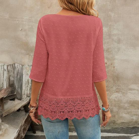 Women V-Neck Hem 45720 Sleeve Casual Shirt Jacquard Decor Solid Color