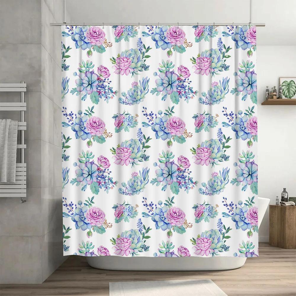 Floral Shower Curtain Pink Flowers Bath Decor Waterproof Fabric with Hooks for Bathroom Decoration Set Watercolor Style White Ba