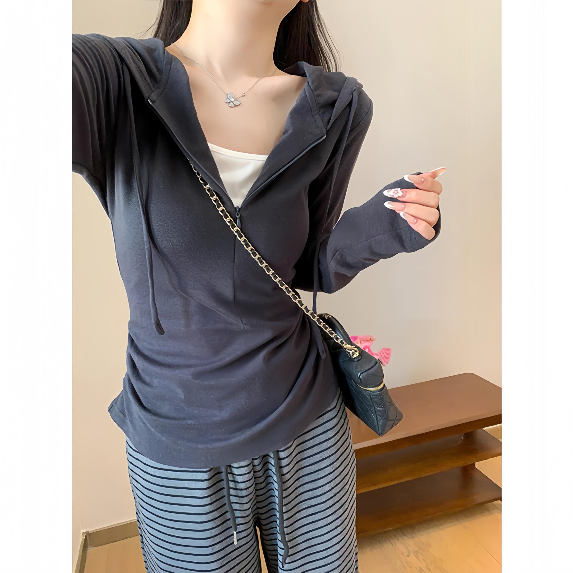 Women s Cotton Blend Zipper Hooded Long Sleeve Slim Fit T-Shirt M (85-95 jin) темно-серого