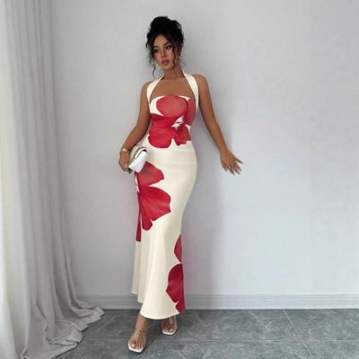 Vestido longo estampado de verão feminino, novo estilo, com amarração no pescoço, costas abertas, que cobre o quadril