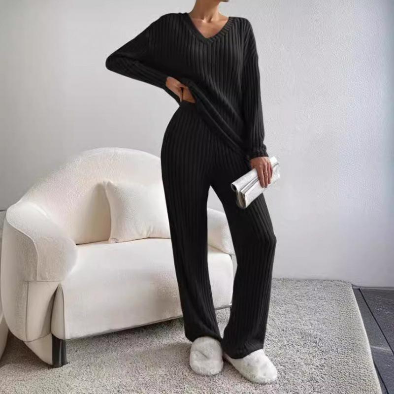 European & American Autumn/Winter Two-Piece Set: V-Neck Ribbed Knit & Casual Straight-Leg Pants