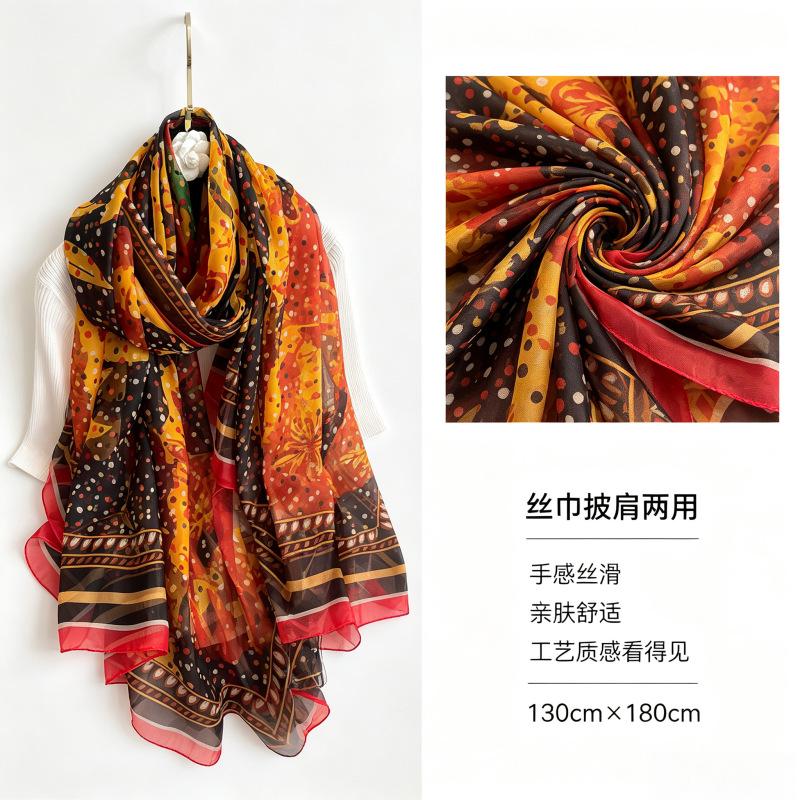 Summer new soft yarn silk scarf large size printed beach scarf rose travel vacation sunscreen scarf spot
