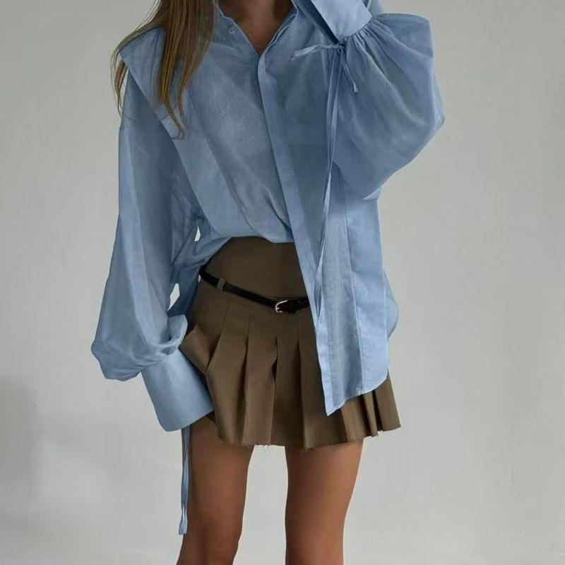 Fashion Style Lapel Sun Protection Shirt Stylish See-through Lantern Sleeve Shirt Sexy Special Shirt