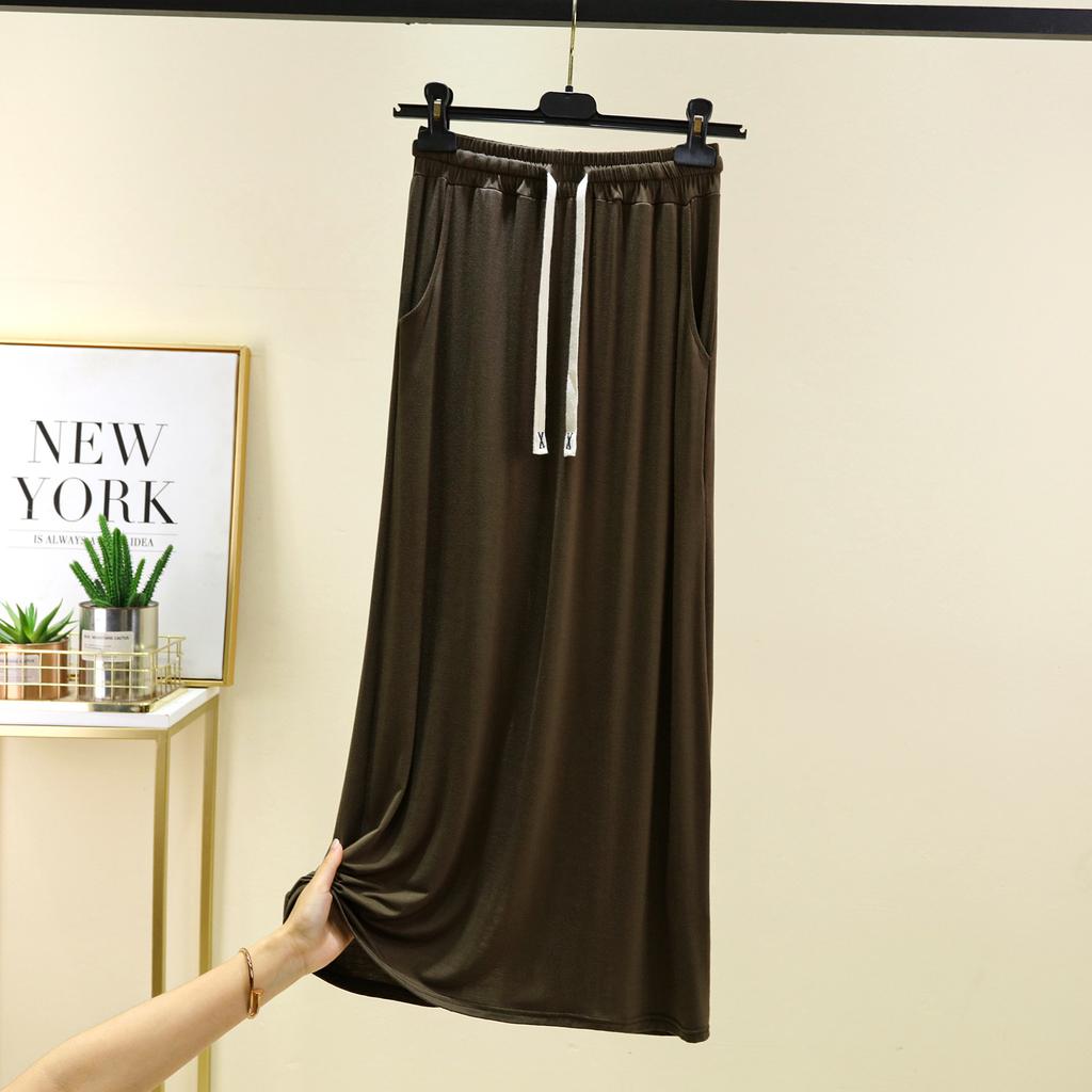 Modal A-Line Drawstring Skirt with Pockets Women Loose-fitting Long Skirts Solid Color Outwear High Waist Maxi Skirt