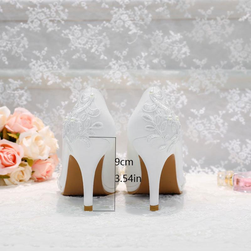 White round head high heels waterproof table stiletto pearl handmade lace flower women's single shoes wedding shoes 202543