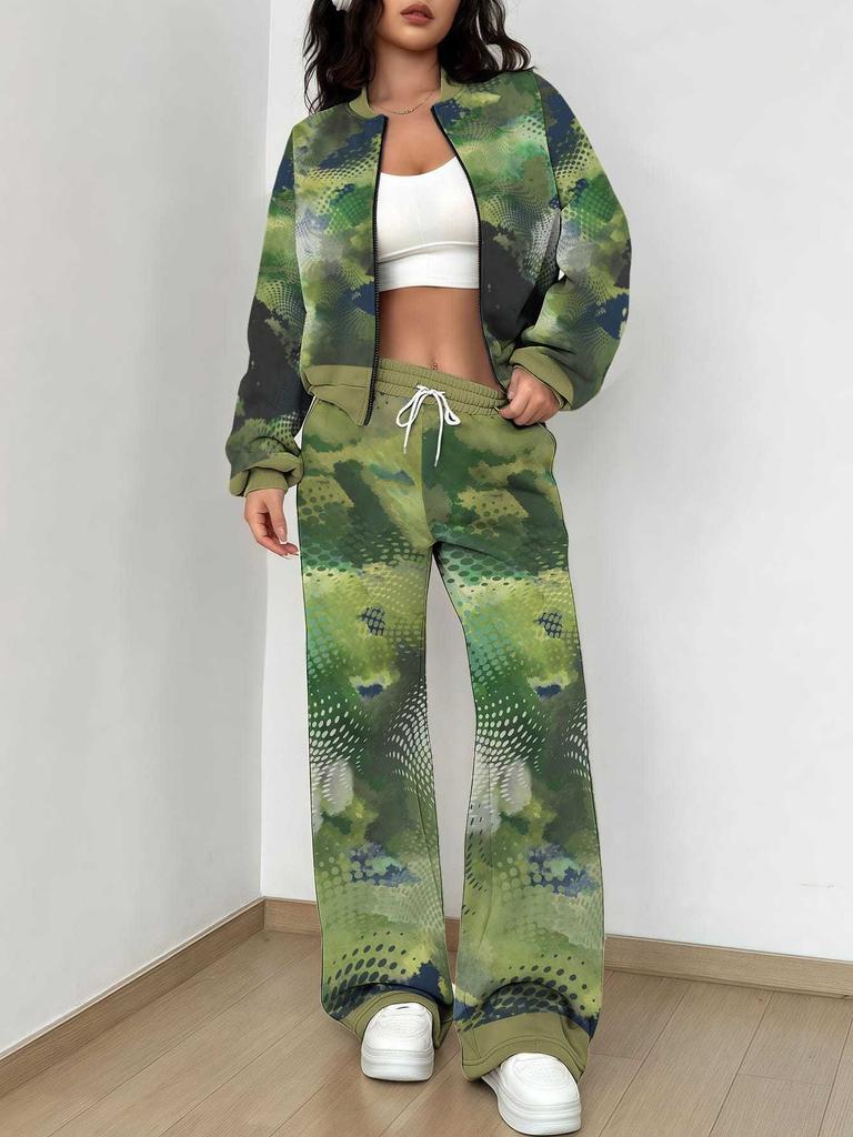 Simple Autumn and Winter New European and American Women's Clothing Yellow-green Camouflage Printing Suit Women