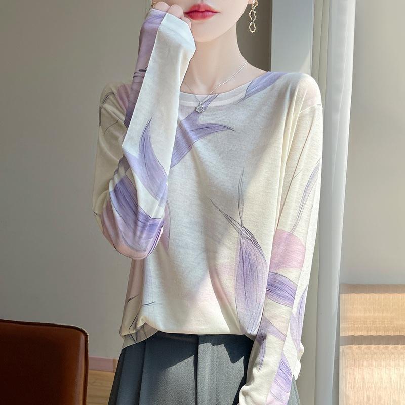 

Healing-style Painted Long-sleeved Color-coordinated Round-neck Shirt for Women, Spring-autumn Lightweight New Style Casual Top XXL
