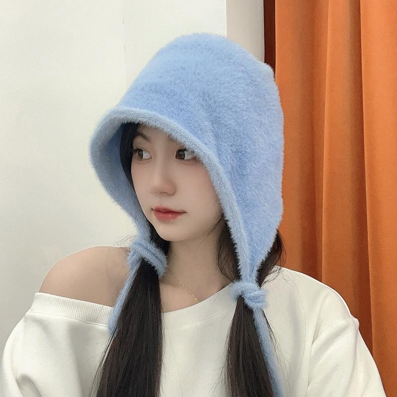 Small Knitted Hat for Women with Autumn and Winter Warm Plush Hat for Students Sweet and Cute Ear Protecting Hat Straps for Head Hat Trendy