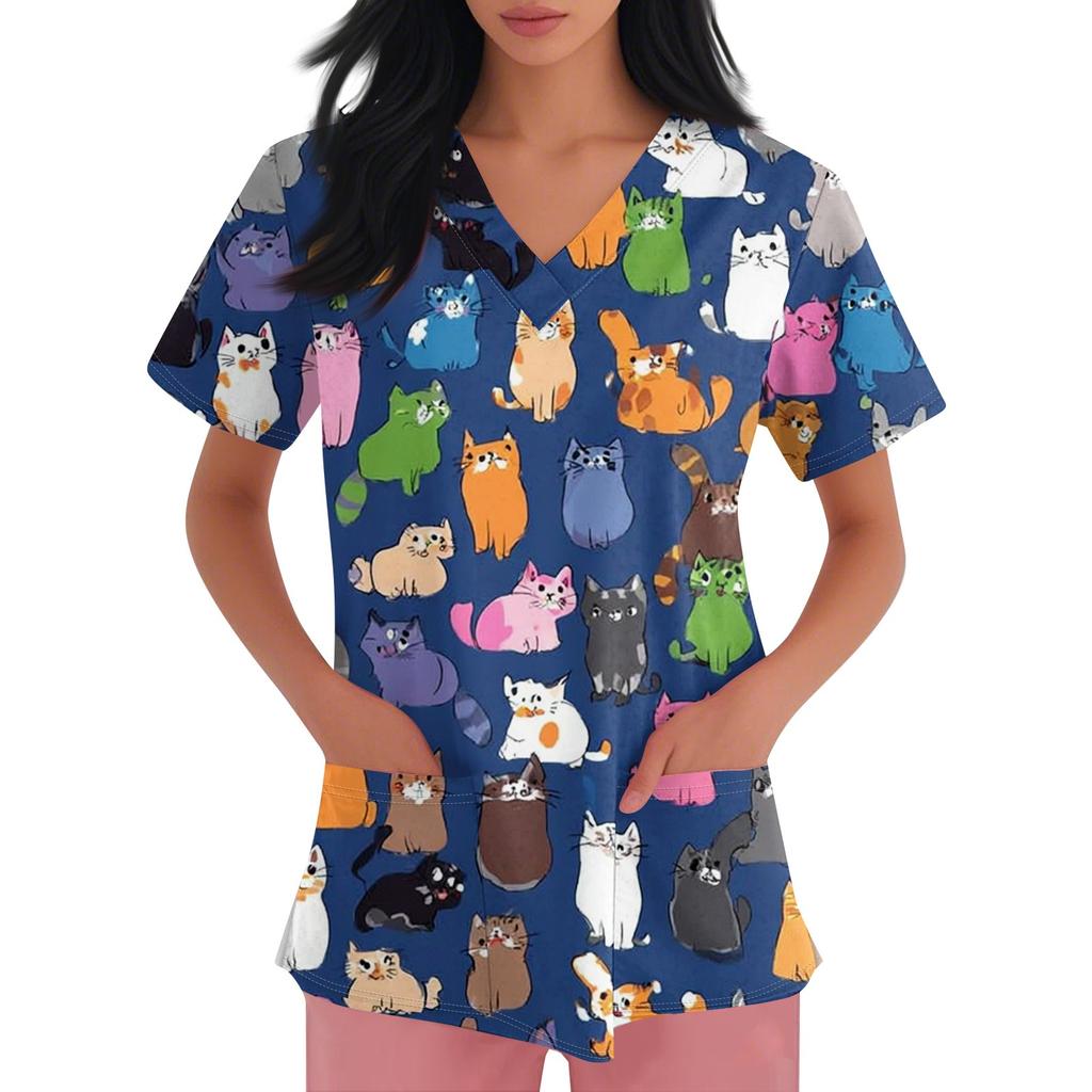Women's V-neck Printed Short-sleeved Work Clothes With Side-slit Pockets And Uniforms