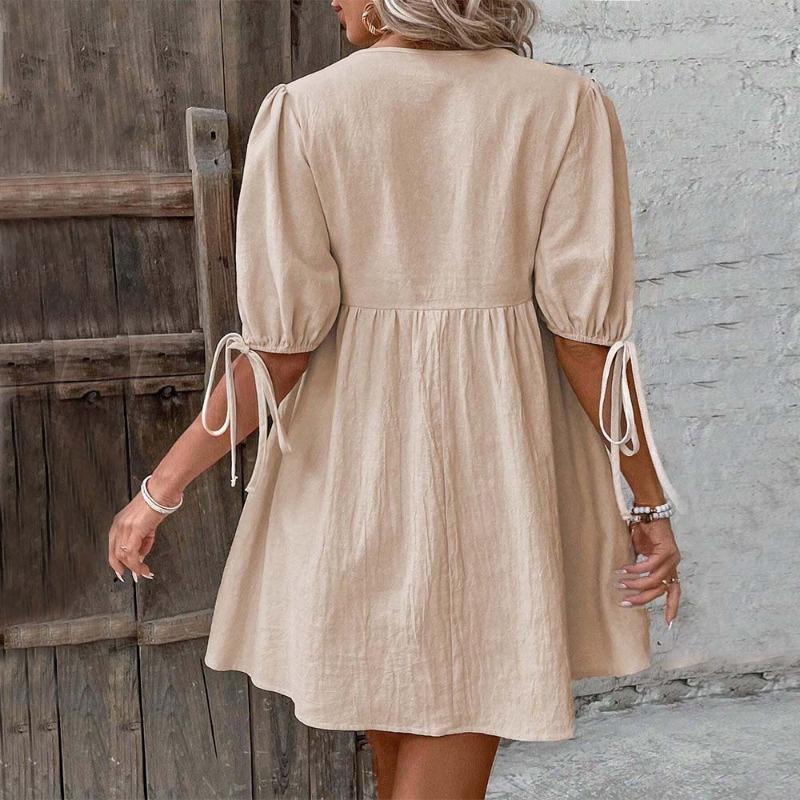 Women Elegant Loose Deep V Neck Lace Up A Line Woven Midi Dress