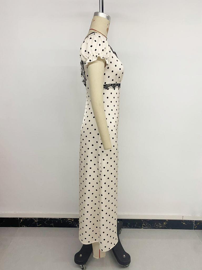 Maxi Abito a Pois in Pizzo con Scollo a V e Maniche a Sbuffo Stile Vacanza Francese
