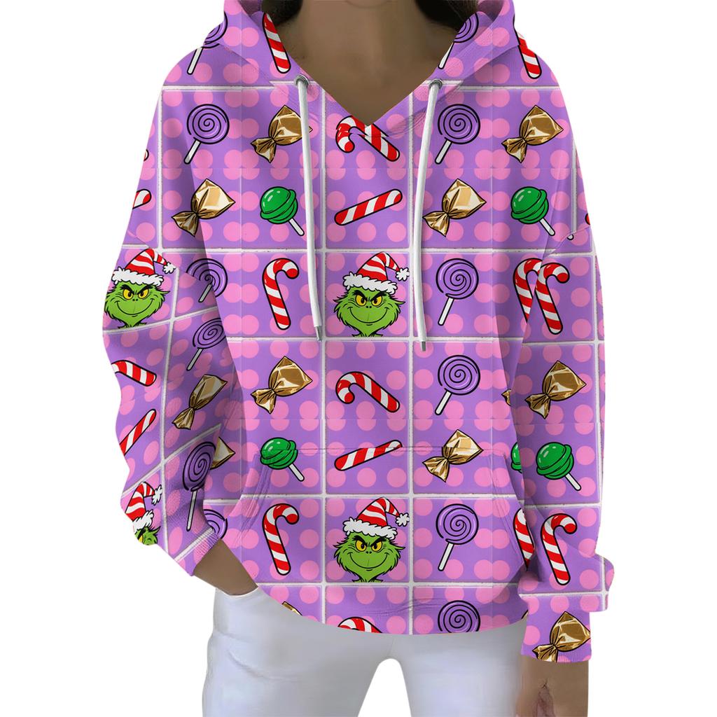 Ladies' Loose And Comfortable Drawstring V-neck Long Sleeved Christmas Printed Sweatshirt