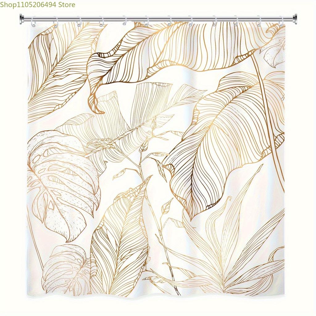 1pc Tropical Leaf Print Shower Curtain - Golden & White Polyester, No-Drill Hanging, Machine Washable, Elegant Bathroom Decor