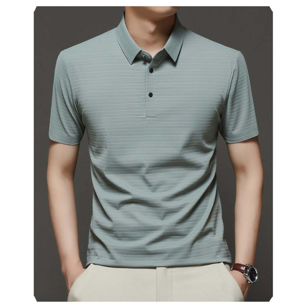 Seamless Stretch Short-Sleeved Polo Shirt for Men – Lightweight, Cooling Ice Silk, Loose-Fit Collared T-Shirt for Middle-Aged Men