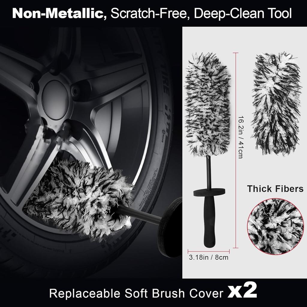 9PCS Scratch-Free Car Wheel Cleaning Kit - Soft Rims Brush, Microfiber Flat Wheel Brush, Boar Hair Detail Brush & Cleaning Pads, Microfiber Towel &