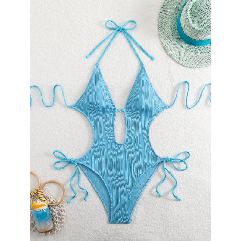 Ribbed Knit Halter Cutout One Piece Swimsuit Tie Side High Cut Bathing SuitSolid Color