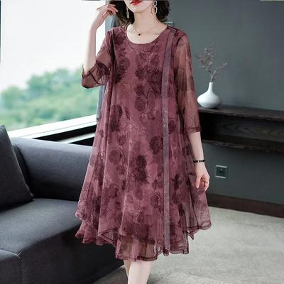 Women Summer Casual Floral Print Chiffon Dress Round Neck 3/4 Sleeve