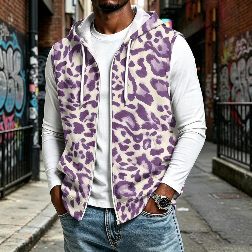 Men's Hooded Sleeveless Vest with Leopard Print and Zipper Front for Casual Sports