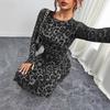 Rochie elegantă de damă cu imprimeu leopard, croială slim, perspectivă, mâneci lungi, sexy, talie strâmtă