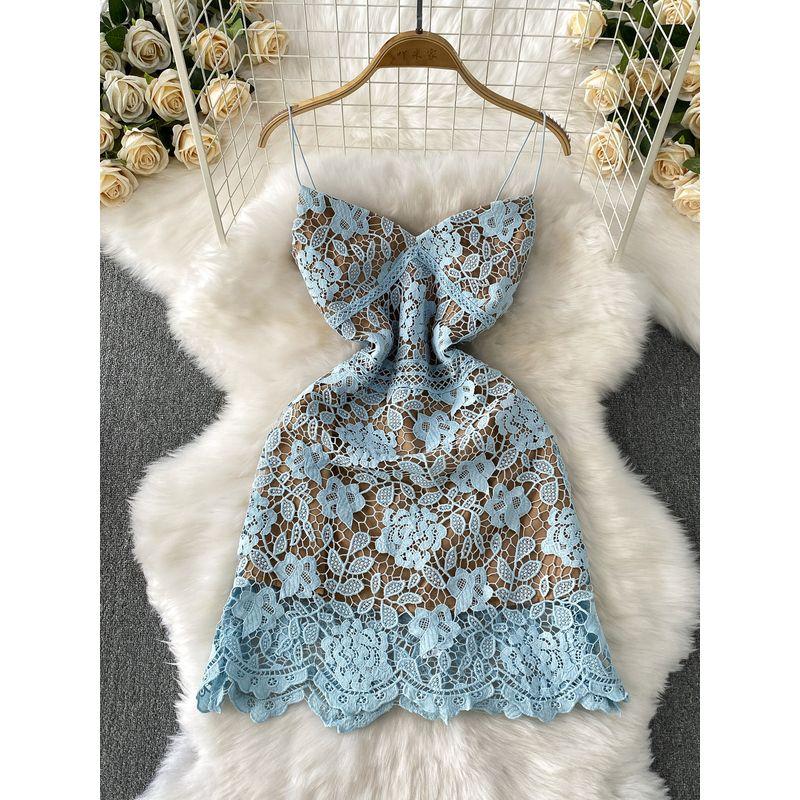 High-End Temperament Water Soluble Lace Sling Short Dress Two-piece Set High Waist Slimming Elegant Mesh Skirt