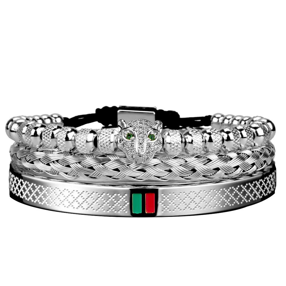 

Браслет из нержавеющей стали с головой леопарда из циркона с зелеными глазами, с красным и зеленым браслетом-манжетой