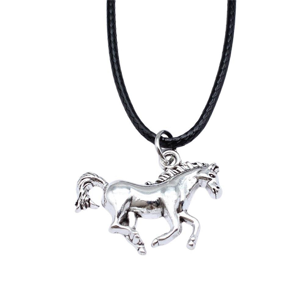 Running Horse Pendant Elephant Necklace Equestrian Western Jewelry With 45cm Leather Chain