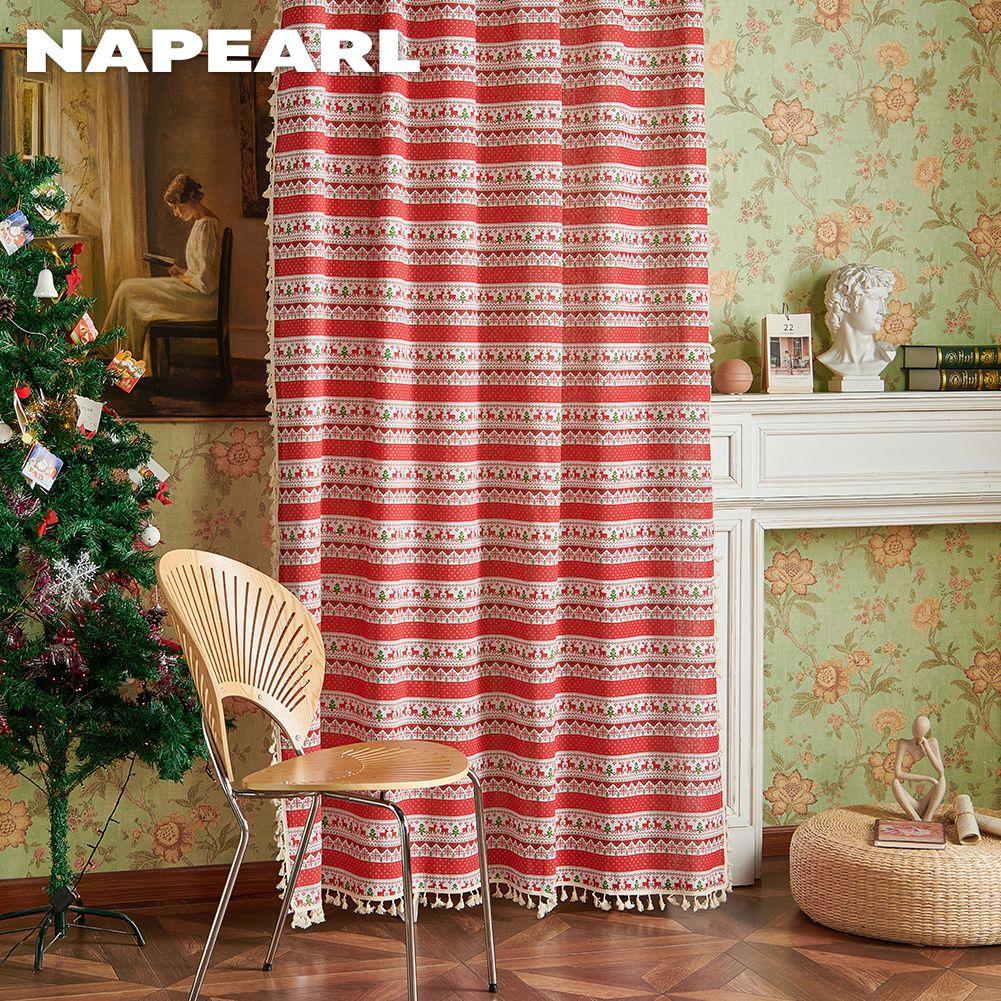 1PC NAPEARL Christmas Style Cotton Linen Green Red 40% Semi Blackout Window Drapes With Tassels For Small Window Living Room Festival Decor