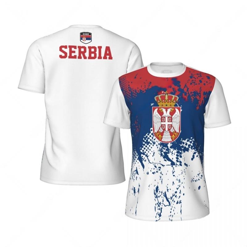 Modische Fußball-T-Shirts mit Serbien-Flaggen-Grafik für Herren, Sommer-Sport, 3D-Nationalwappen-Aufdruck, lockere, atmungsaktive T-Shirts