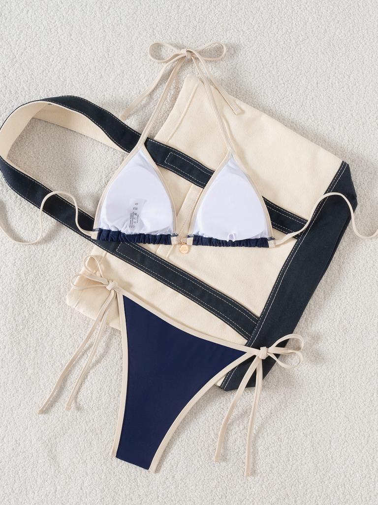 Color Block Triangle Tie Side Sexy Two Piece Bikini Set Elegant For Vacation