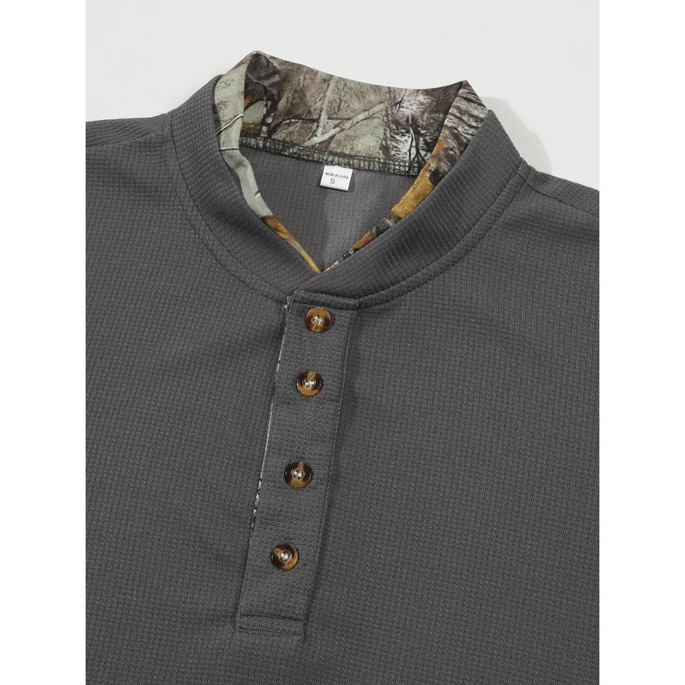 Men's Casual Stand Up Collar Spliced Long Sleeved Polo Shirt