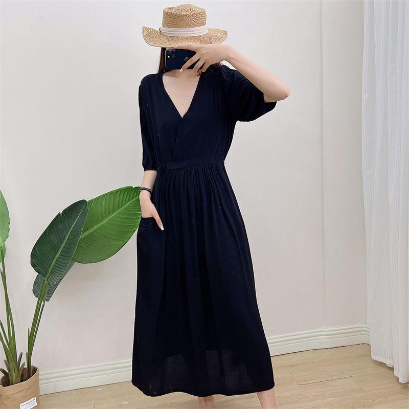 

V-neck Floral Noil Poplin Dress Summer 2023 Black 4XL((Suitable for 50.00 kg-67.50 kg)