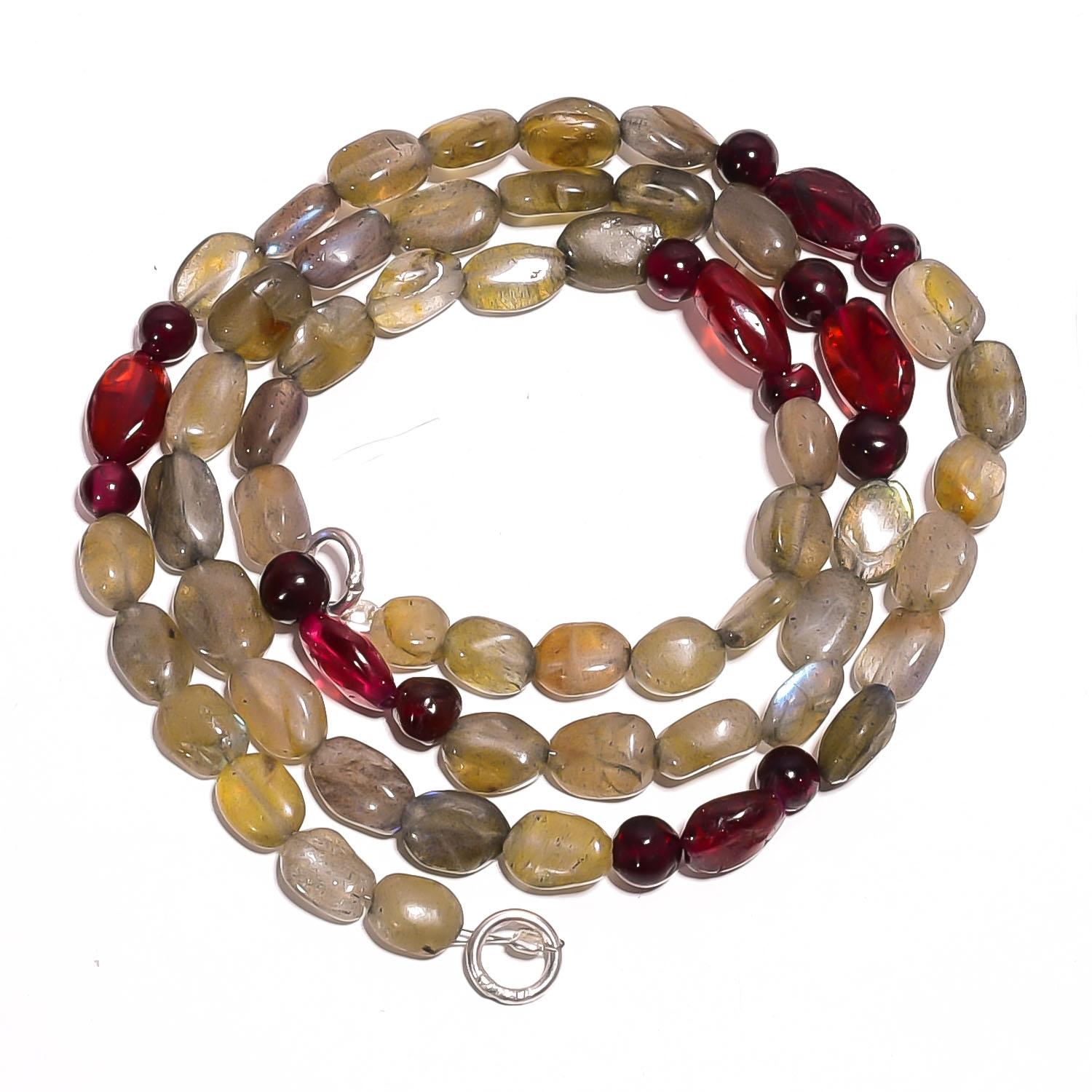 

Natural Labradorite Mozambique Garnet Gemstone Smooth Beads Necklace 17 UB-3156 UB-3156