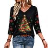 Women's V Neck 3/4 Sleeve Christmas Print Pullover Top Casual Holiday Shirt