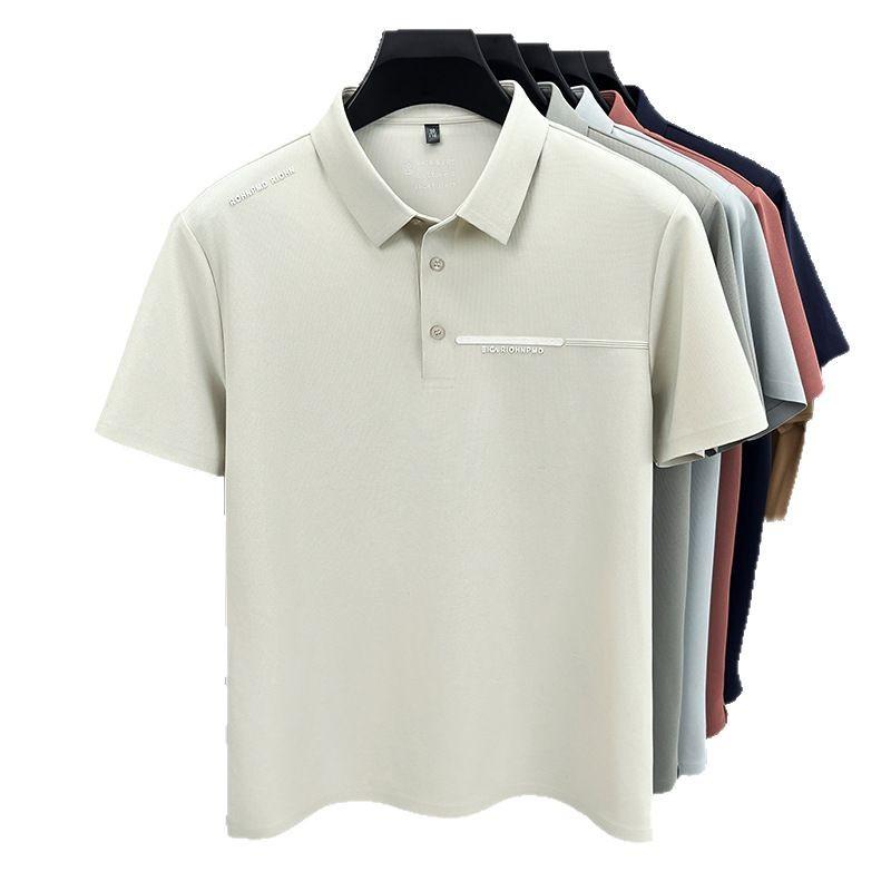 Brocade Ammonia Ice Silk Seamless Polo Shirt Men'S Short-Sleeved T-Shirt Lapel Casual Solid Color Hem Split