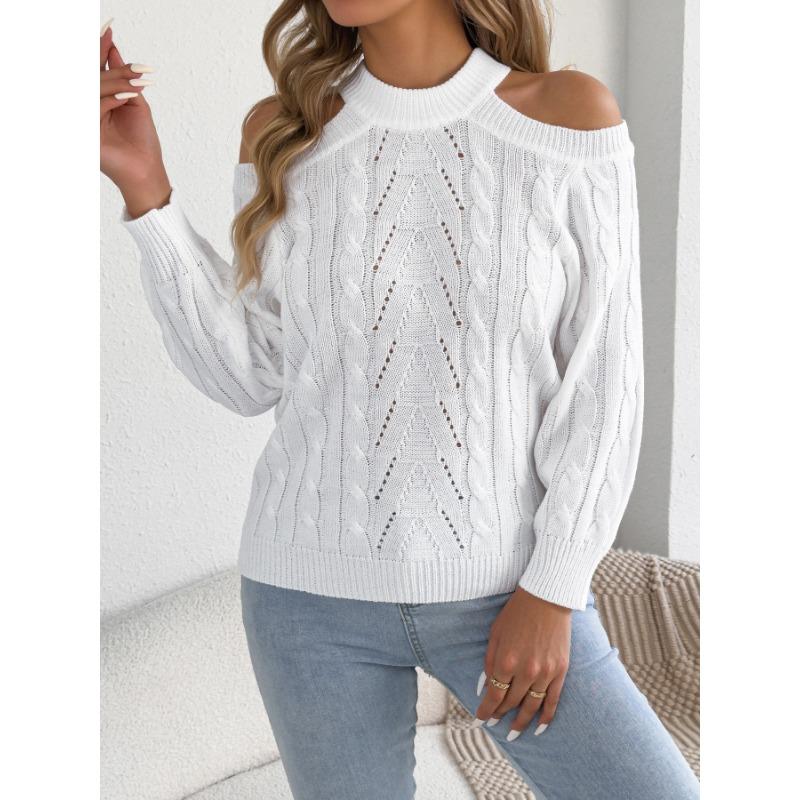 Womens Casual Solid Off Shoulder Long Sleeve Pullover Sweater