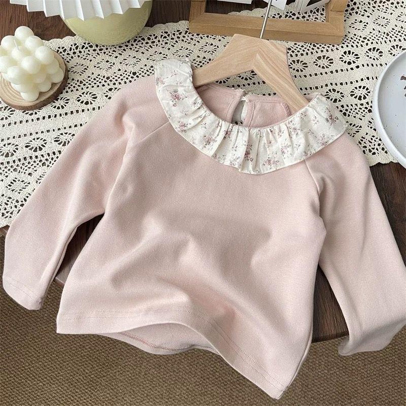 Korean Style Floral Ruffle Collar Long Sleeve Toddler Girls' T-Shirt
