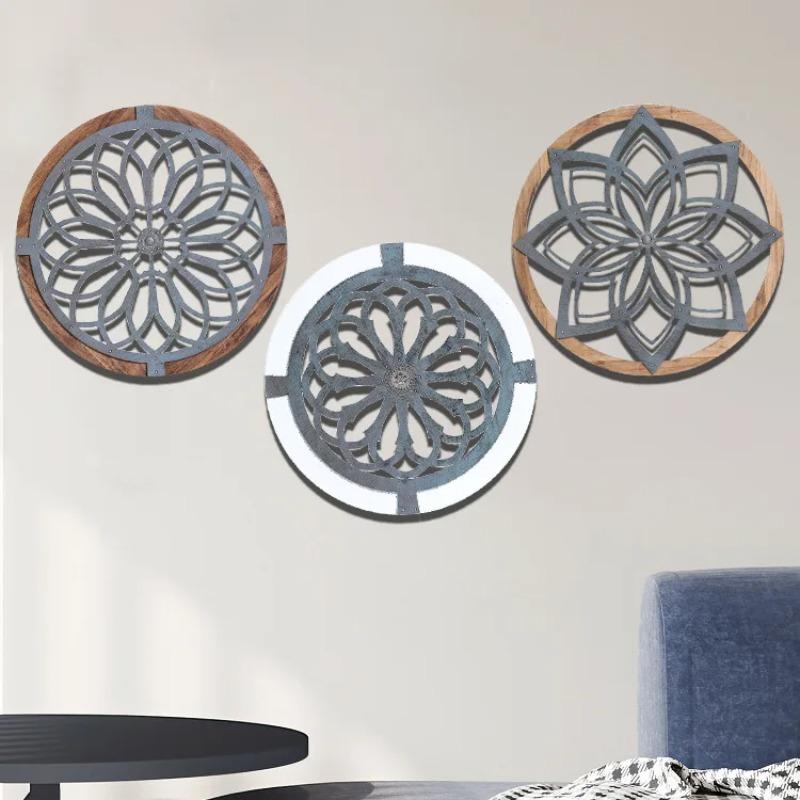 Round Wooden Wall Art  Handmade Carved Decorative Panel Unique Floral Home Decor Stylish Living Room Hanging Ornament