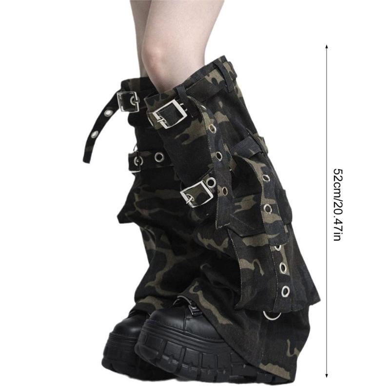 Womens Harajuku Punk Camouflage Denims Flared Leg Warmer Buckled Eyelets Straps Cargo Leg Cover Stockings Streetwear